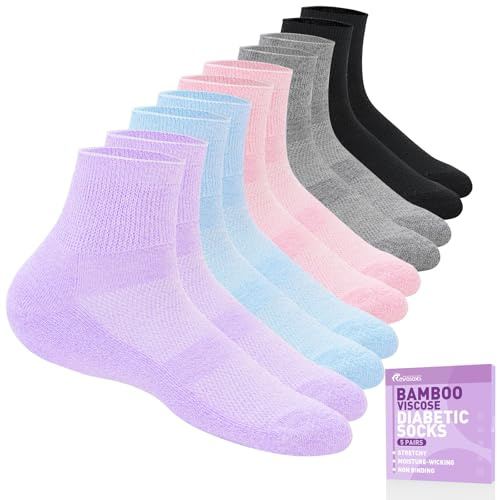 Revosoxs Diabetic Socks for Women Men,5 Pairs Non Binding Diabetic Ankle Wide Stretchy Loose Seamless Socks 7-9 9-11(Bright-Medium)