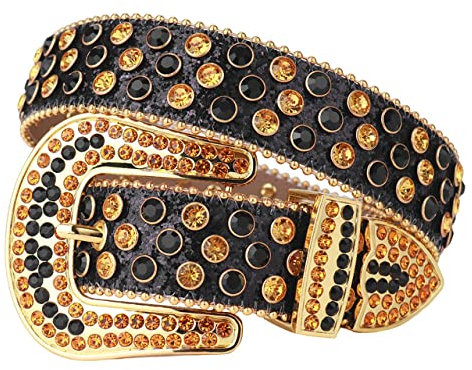 Western Punk Strass Gürtel Für Frauen Mann Diamant Kristall Nietengürtel Für Jeans Cowboy Cowgirl,Schwarzes Gold,48(taille37,39inch)