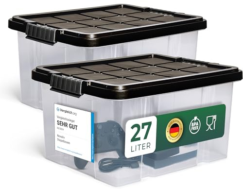 Novaliv 2x Aufbewahrungsboxen mit Deckel 27L Anthrazit Nestbar stapelbare Storage boxes mit Clipverschluss Kunststoffbox BPA-frei 46,5x36,5x24 cm