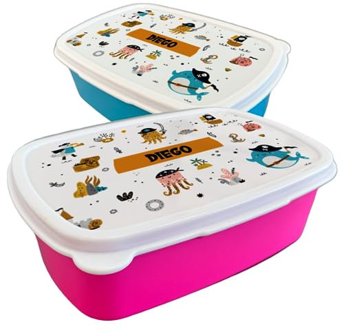 Fiambrera personalizada infantil diseño pirata para colegio o guardería. Caja merienda personalizada. Apta para microondas y lavavajillas. Libre de BPA. Ideal para los almuerzos del cole