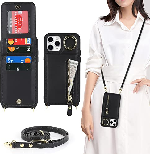 CAVOR Handykette iPhone 11 Pro Hülle Mit Band,Flip Leder Geldborse Handyhülle,[4 Kartenfach][Mit Ring Stander],Klapphülle Handyhülle mit Umhängeband - Schwarz