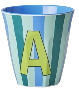 Rice Melamin Becher medium gestreift mit Buchstaben, Modell fr Jungen blau/grn/Mint- T