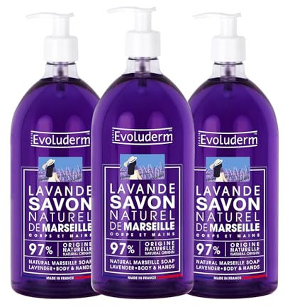 EVOLUDERM - Savon Naturel de Marseille Lavande - 1000 ml - 97% d’Origine Naturelle - Végan - Fabrication Française - Lot de 3 x 1000 ml