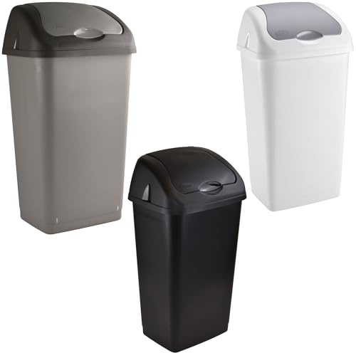 Sterling Ventures 60Litre Large Recycling Bins with Colour Coded Swing Lid Garbage Rubbish Waste General Trash Paper Rubbish Containers Premium Quality For Home Office Set Of 3 (White, Black & Grey)