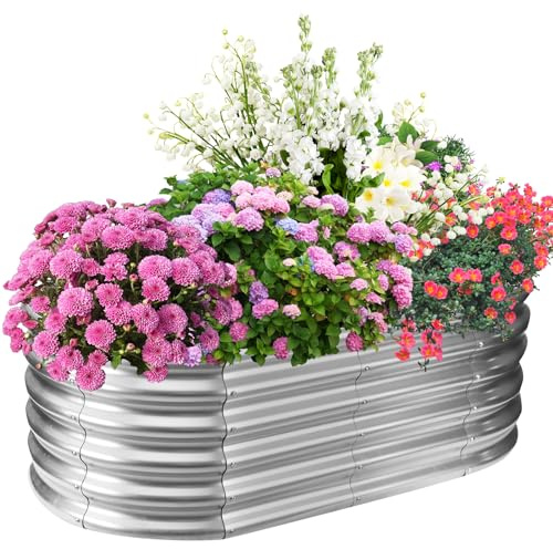 TBMLC 1.4ft High Elevated Oval Metal Raised Garden Bed - 4ft x 2ft in Size and 0.8MM Thick Durable Planter Box for Vegetables Flowers Succulent at Patio/Garden Outdoor (Silver, 4X2X1.4 FT)