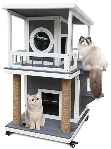 Niche pour chat - 2 étages - Avec toit de terrasse - Pour l'intérieur et l'extérieur - Résistante aux intempéries et aux UV - Bois de sapin - Gris
