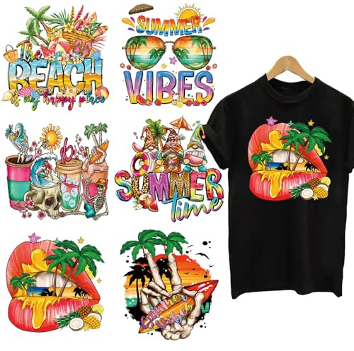 Doneace Summer Iron on Transfer Hawaiian Beach Iron on Decals Patches Sun Pineapple Coconut Tree Designs Heat Transfer Vinyl Stickers for T-Shirts Clothes Bag Pillow Covers DIY Crafts Decoration 6Pcs