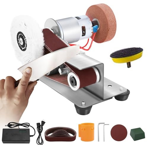 Mini levigatrice a nastro 3 in 1, levigatrice da banco elettrica da 15°, kit di lucidatura coltelli a 7 velocità regolabili, levigatrici a nastro for metallo, legno, fai da te, affilatura utensili e c
