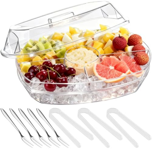 SINJEUN Chilled Veggie Trays with Lid, 4 Compartments Clear Party Platter Ice Serving Trays Cold Veggie Trays for Parties, Cookout