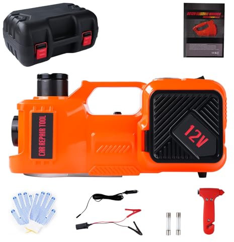 VOBOR Gato Hidráulico Eléctrico, 5T 12V Elevador Automático de Coche con Luz LED y Inflador de Neumáticos, 150-450 mm Desmontadora de Neumáticos para Carretera SUV Sedán o Cualquier Vehículo