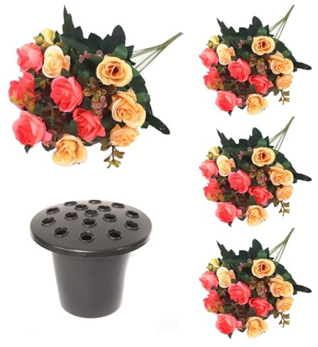 Fiori artificiali, rose artificiali, fiori for tombe con vasi commemorativi, 4 mazzi di fiori for tombe con 1 vaso for cimitero, 16 fori for inserto for fiori for tombe e 12 teste di fiori di seta fin