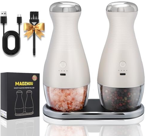 MAOZHOU Gravity Electric Salt and Pepper Grinder Set,Adjustable Coarseness Automatic Shakers Mill Grinder with LED Light,One Hand Operation,USB Type-C Rechargeable,Refillable,Larger Capacity