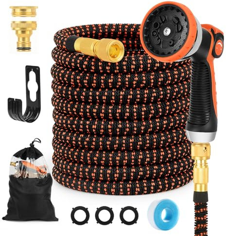 15M Gartenschlauch Flexibel,10 Funktionen Gartenschlauch mit 1/2 und 3/4 zoll Messinganschlüsse,Ausziehbarer Wasserschlauch für Bewässerung, Gartenreinigung, Autowäsche, Gießen, Badewanne.