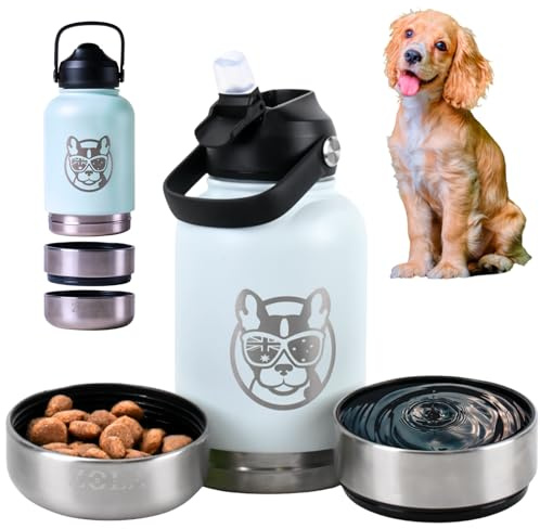 Zola Borraccia termica 2 in 1 per cani, con ciotola integrata e contenitore per snack, rosa confetto e celeste (celeste, 940 ml)