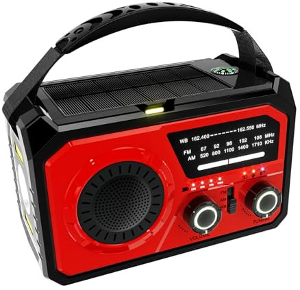IOIUSKKU Radio de Emergencia portátil con Linterna LED, Banco de energía ABS BT, Linterna LED, manivela de Mano, Radio portátil Am, Rojo