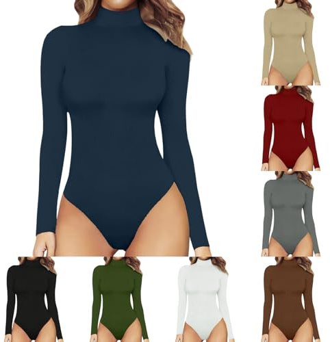 Générique Bleu Marine Body Femme Manches Longues Col Roulé Bodysuit Thermique Minceur Combinaison Shapewear Body Suit