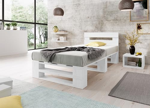 Lermowood Palettenbett M2 aus Holz 120 x 200 cm Weiß mit Kopfteil Holzbett 30cm Stabiles Seniorenbett Kinderbett Jugendbett Gästebett erhöhtes Einzelbett Bettgestell Futonbett Komforthöhe Naturholz