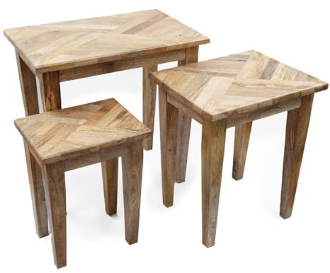 Carousel Home Set Of 3 Marquet Wooden Nesting Side Tables | 3-piece Vintage Style Herringbone Living Room End Tables | Rustic Wooden Parquet Tabletops