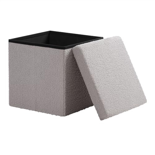 eSituro Sitzhocker mit Stauraum, Faltbarer Hocker, Fußhocker, Polsterhocker, Aufbewahrungsbox Sitzwürfel für Wohnzimmer Schlafzimmer Eingangsbereich, aus Teddyfleece, Hellgrau