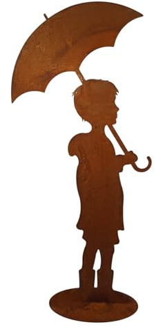 Bornhöft Gartenfigur Junge mit Schirm, Edelrost-Silhouette, XXL 110 cm Höhe, Gartendekoration aus Metall in Rost Optik Wetterfeste Edelrost Metallfigur für Garten und Terrasse