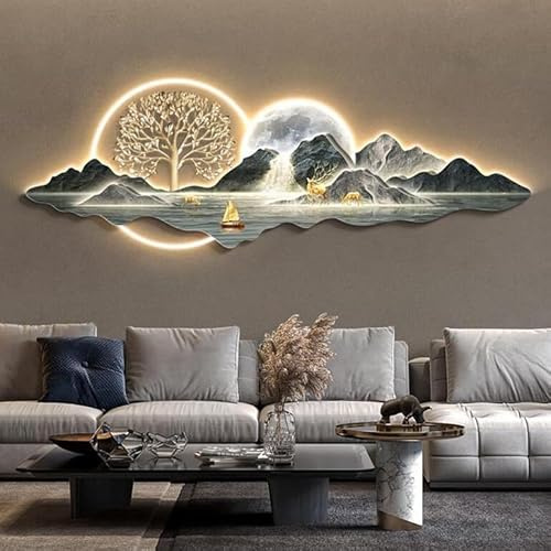 YAIUNHIQ Quadro da Parete retroilluminato a LED in Stile Cinese - Dipinto di Paesaggio con Albero dei Soldi per Soggiorno, Opera d'Arte Feng Shui su Tela con Telecomando,C