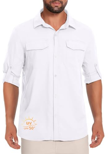 Chemise de pêche Homme UPF50+Manches Longues Anti-UV - Léger pour randonnéeChemise Sport à Boutons avec Poches zippées Blanc 02-L