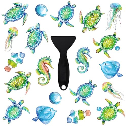 ZUYYON 20 Pcs Non Slip Bathtub Stickers Submarine Sea Creature Anti Slip Decals Adhesive Turtle Fish Jellyfish Bathtub Appliques with Scraper for Shower and Bath(Color C)