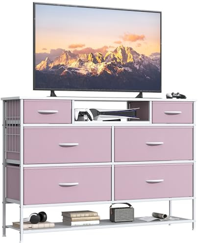 cointwo Chest of Drawers Bedroom with Shoes Shelf, 47.2”Wide Fabric Dresser with 6 Drawers, TV Stand with Open Storage Shelf, Multi-function Storage Cabinet for Bedroom, Living room, Hallway Use, Pink
