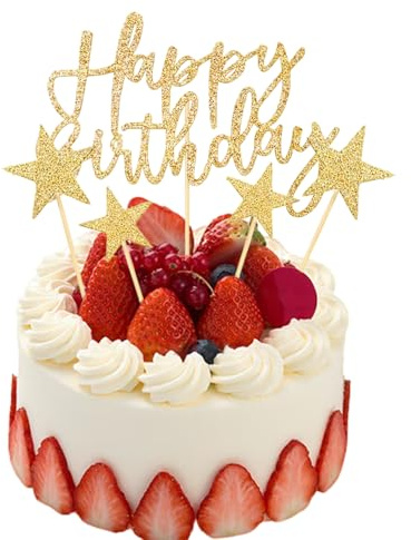 Gold Glitter Happy Birthday Cake Topper Set, 22 Pieces, Stars and Banner Design