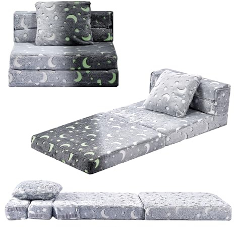 VEVOR Sofá Infantil 3 en 1, Convertible en Tumbona, Sofá Cama Plegable y Suave de Esponja 28D y Franela de 250 g con Estampado Que Brilla en la Oscuridad para Leer y Jugar para Niños, Talla M, Gris