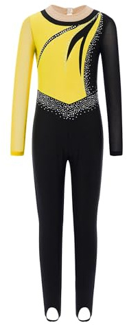 Agoky Tuta da Ginnastica Artistica per Bambina Manica Lunga con Strass Bodysuit da Danza Classica Patchwork in Rete Body Leotard da Balletto Pattinaggio Yoga Tutine Giallo 9-10 anni