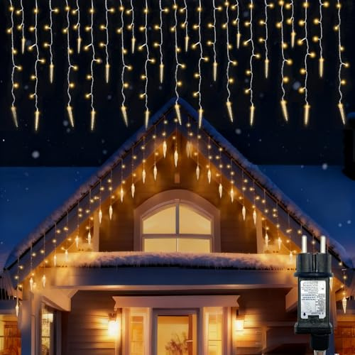 Opard Eisregen Lichterkette Außen 10,8 m 300 LEDs Warmweiß mit Eisstangen-Dekoration, Eiszapfen Weihnachtsbeleuchtung Aussen, Lichtervorhang Außen, Balkon, Dachrinne, Outdoor Weihnachtsbeleuchtung