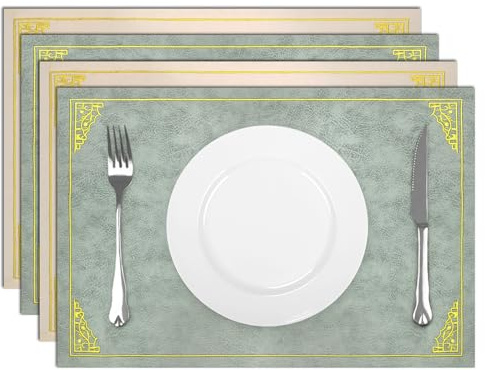 comfoyar Tischsets Leder 4er Set, Rutschfeste Zweiseitig Grün Weiß Platzsets Waschbare, wasserdichte Gestickte Goldfolienbordüre Platzdeckchen für Küche, Esszimmer Partytisch Dekoration(30x45cm)