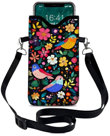 otilil Neoprene Cell Phone Sleeve Pouch Case Bag with Crossbody Strap/Neck Lanyard for Women 7.1 X 3.9 in Flower Bird