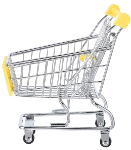 HONITANO Metal Mini Shopping Cart Sturdy Iron Grocery Trolley with Wheels Handcart Basket for Pretend Supermarket Play and Desktop Storage Organizer Yellow