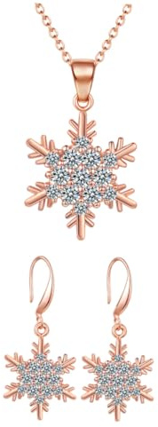 Healvian Collier et Boucles Oreilles Flocon de Zircon Or Rose Ensemble Bijoux Élégant Décoration Noël Femme