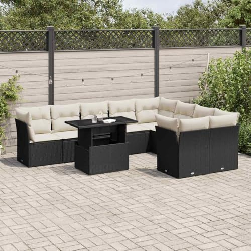QJBSAVVA Ensemble de 10 meubles de jardin en rotin synthétique noir avec table réglable 100 x 55 cm Groupe de sièges d'extérieur confortable pour balcon, terrasse, jardin et petites surfaces
