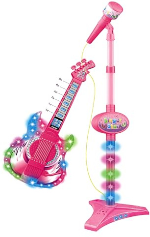 Gitarren- und Mikrofonset für Kinder – Musikalisches Lernspielzeug, farbenfrohe Lichtgitarre, Verstellbarer Ständer, pädagogisches Musikinstrument, Kindergesangsunterhaltung | Ideal für -Mädchen