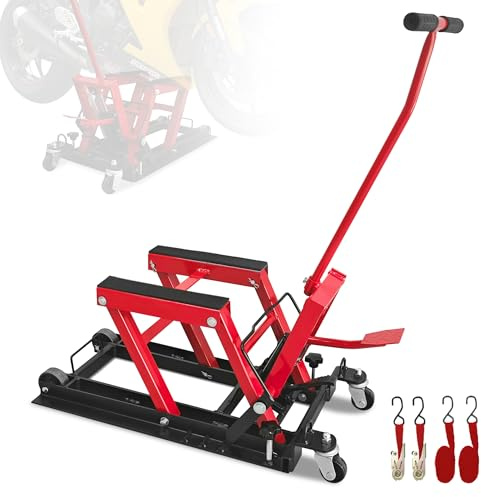 Vertlley 1500 LBS Hydraulic Motorcycle Lift Jack, Heavy Duty Steel Motorcycle Scissor Lift with Wheels and Handle, Foot-Operated Hoist ATV Lift Stand with 2 Ratchet Belts, Red