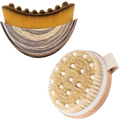 Brosse à sec pour le corps - Brosse de drainage lymphatique - Brosse pour le visage pour contour et détoxification - Exfoliante pour massage, élimine les peaux mortes et la cellulite (couleur bois lot