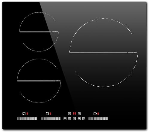 NOXTON Plaque Induction avec Booster, Plaque de Cuisson Electrique 3 Feux | Commande Par Curseur, Sécurité Enfant, Minuterie, Pause, 9 Niveaux de Puissance, Encastrable, 60 CM, 6500W, Sans Prise