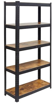 Relaxdays Kraftig lasthylla, 500 kg, HBT: 150 x 75 x 30 cm, 5 nivåer, träutseende, förvaringshylla, stål och MDF, svart/brun