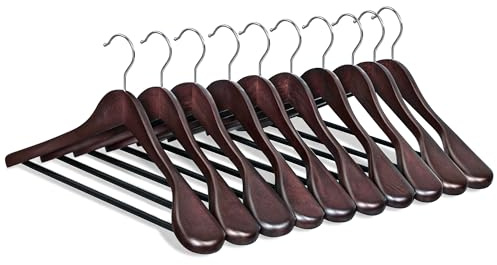 SONGMICS Extra Wide Wooden Suit Hangers, Set of 10 Clothes Hangers, Swivel Hooks, Non-Slip Bars, for Outfits, Suits, Coats, Shirts, Dresses, Mahogany UCRW050MZ01