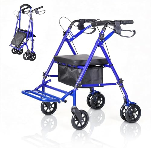 Garvee Déambulateur rollator 2-en-1 pliable pour adultes/seniors – Siège rembourré, hauteur réglable, repose-pieds, roues 15 cm, capacité 135 kg, stockage sous-siège, transport facile – Bleu