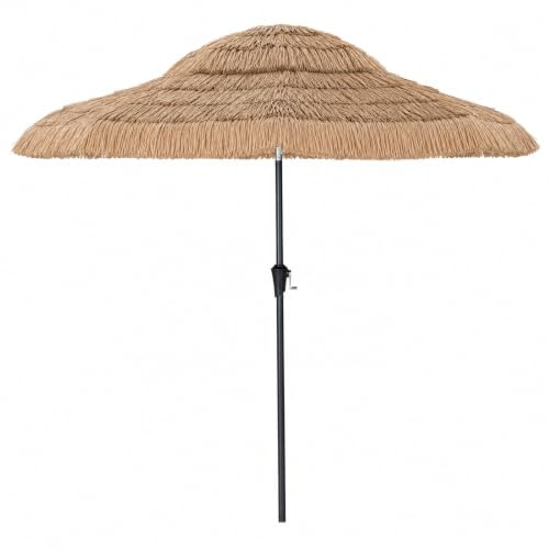 GOPLUS 2.5M Sombrilla Hawaiana de Paja con Botón de Inclinación | Parasol Playa con Manivela, 8 Varillas Resistentes, Pestillo de Seguridad Regulable, para Piscina, Jardín,Terraza
