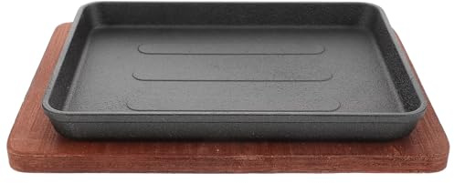 AUTSUPPL Plato para Parrilla de Bistec, Sartén de Hierro para Carne con Base de Madera, 1 Juego, Doble Asa, Diseño Compacto y Fácil de Guardar, para Barbacoa y Servir Comida