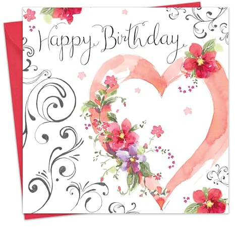 Twizler Happy-Birthday-Karte für Frauen, mit Silberfolie, einzigartigem Aquarell-Effekt und Herzmotiv - feminine Geburtstagskarte