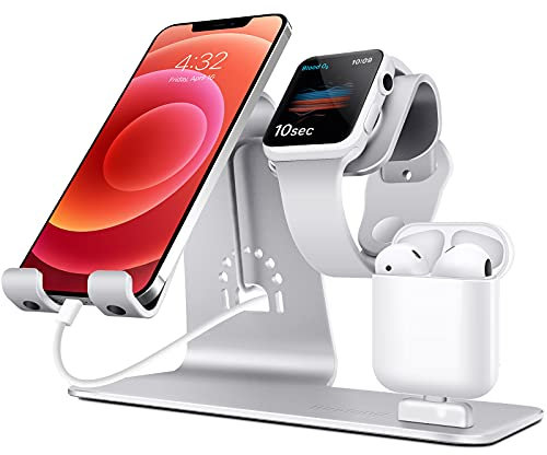 Bestand 3 in 1 Aluminium Telefonständer, Ladestation, Dock Kompatibel mit iPhone, Apple Watch, Airpods und Anderen Smartphones - Silber