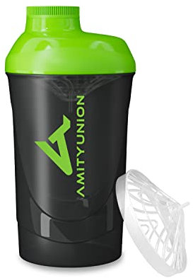 AMITYUNION Shaker Deluxe - Proteína Shaker a prueba de fugas - BPA libre y con la escala tamiz de polvo de proteína de suero cremoso sacude (negro verde 800ml)