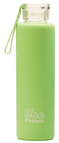 Irisana - Botella de Agua - 550 ml - Verde - 7 x 7 x 25 cm - Garrafa Deportiva de Cristal con Asa para Gimnasio - Borosilicato y Silicona - Colección Bbo